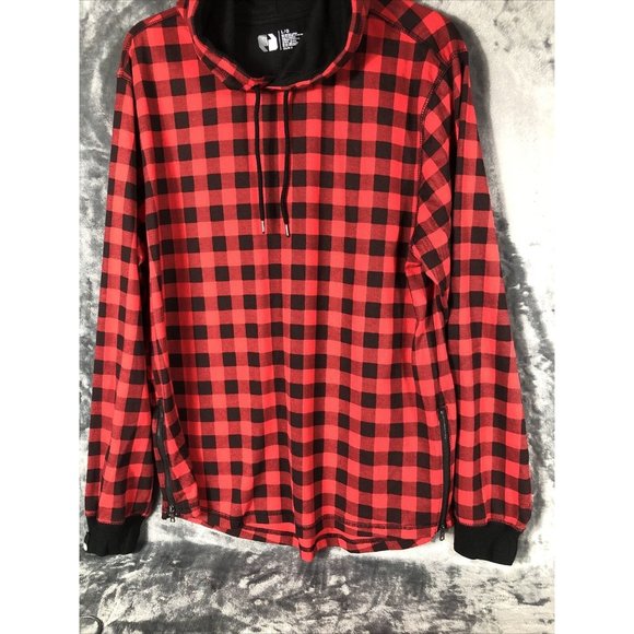Red & Black Plaid Hoodie Men’s Large Long Sleeve With Side Zippers - Picture 12 of 16